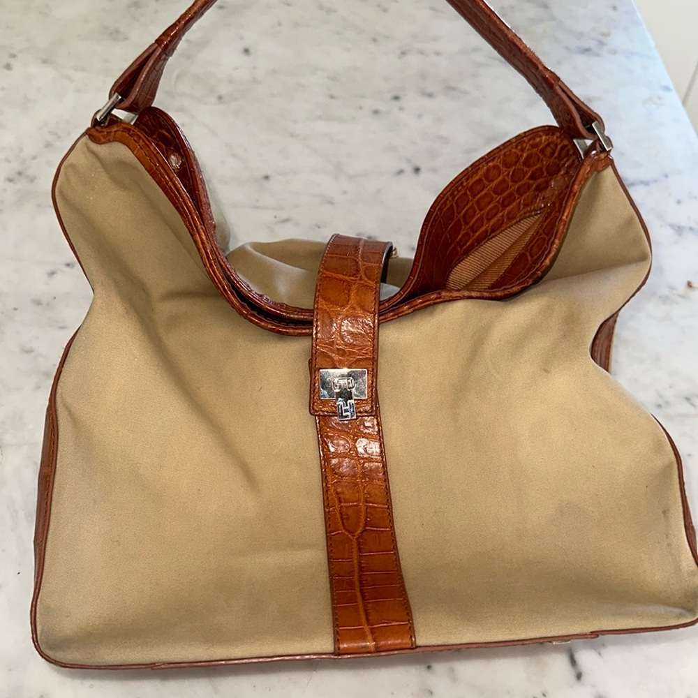 Lambertson Truex Canvas/Leather Baguette Satchel croc embossed purse luxury